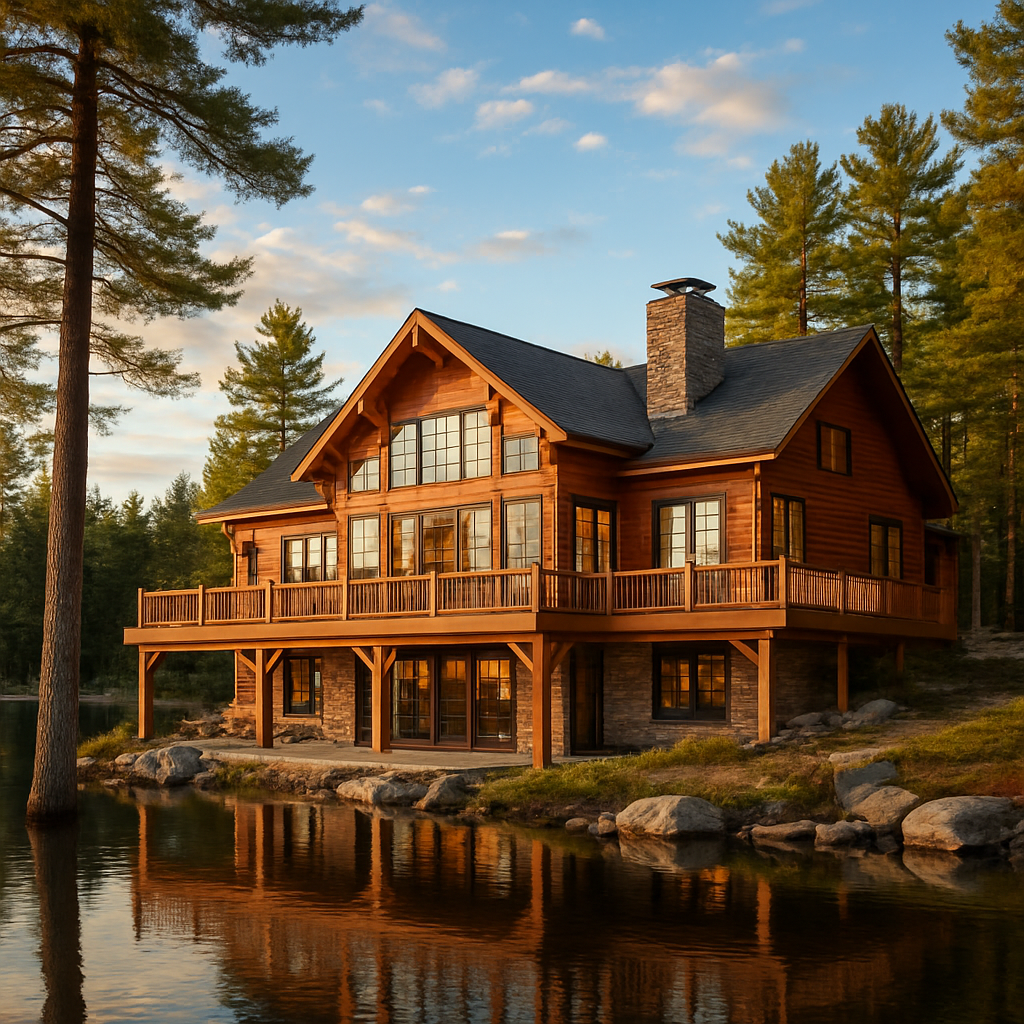 Lakefront cottage exterior at golden hour